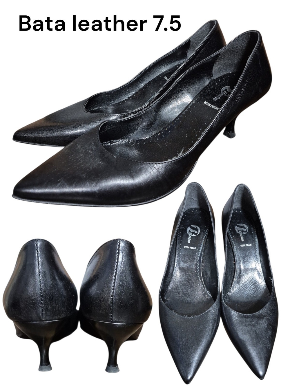 Y2K Leather Bata Black Pointed Toe Kitten Heels - Size 7.5/37